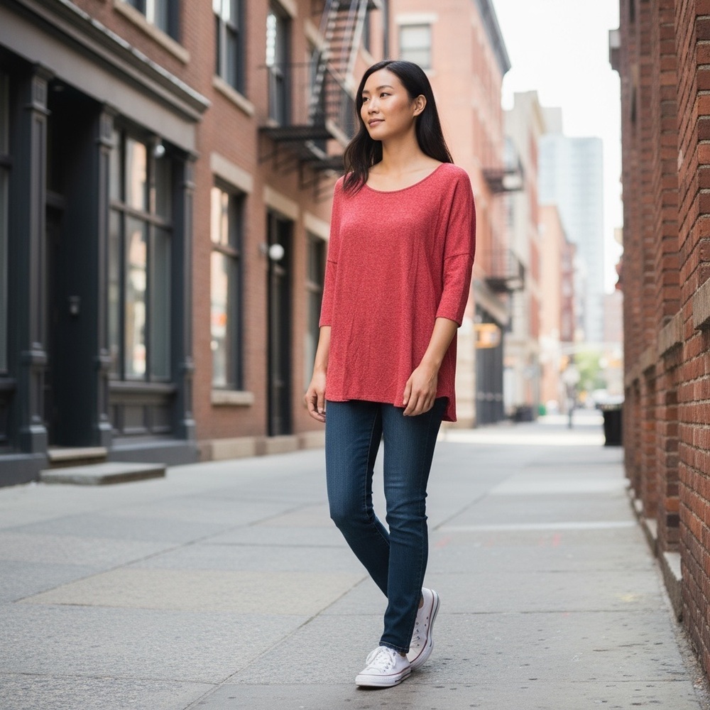 TOPSHOP Red Textured Heather 3/4 Sleeve Top